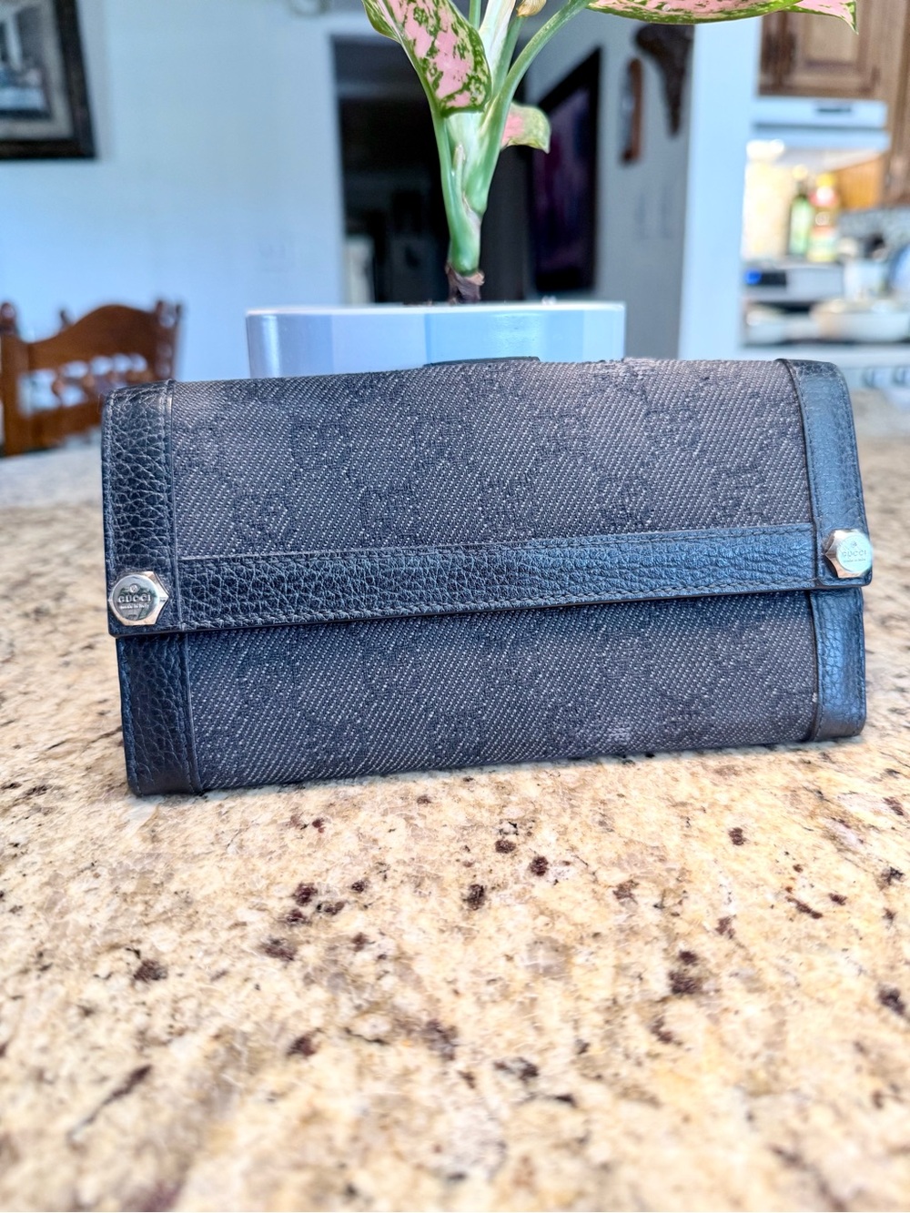 Gucci Black GG Monogram Continental Wallet with Leather Trim